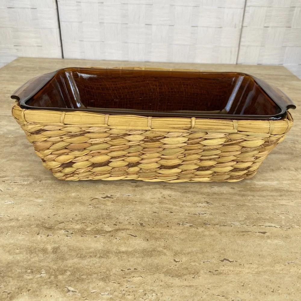 Anchor Hocking Fire King Loaf Pan Amber Glass 1 Qt w/ Wicker Basket Vintage MCM